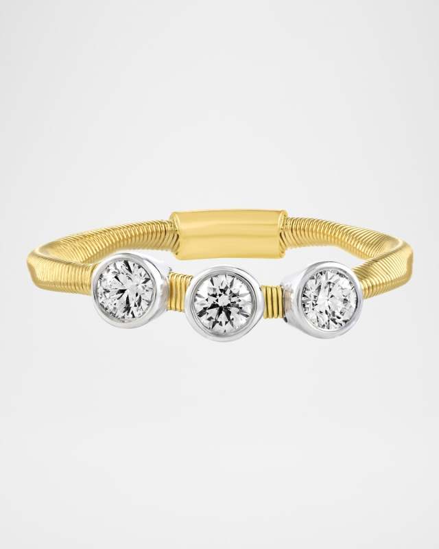 18K Gold Twisted Wire Three-Stone Diamond Ring, Size